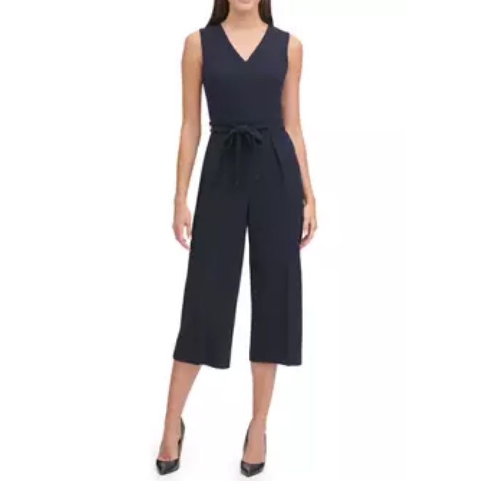 Tommy Hilfiger Scuba Crepe Cropped Jumpsuit Navy Size Medium 12 NWT in packaging
